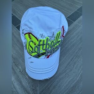 White Softball Mom Cap Baseball Hat with Yellow and Red Accents